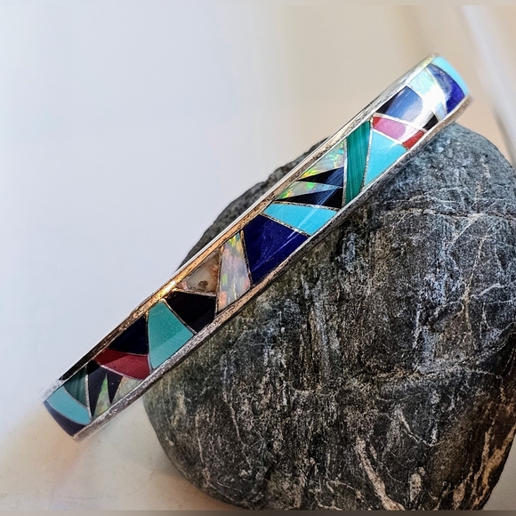 Navajo sterling silver, multi stone inlay cuff. Artist: Steve Fransico (SF) EUC - Picture 10 of 15